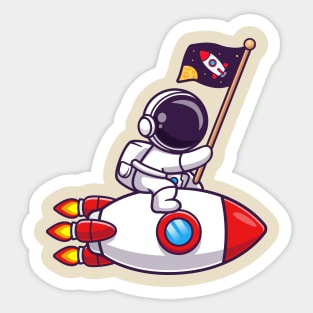 Cute Astronaut Riding Rocket With Space Flag Cartoon Sticker